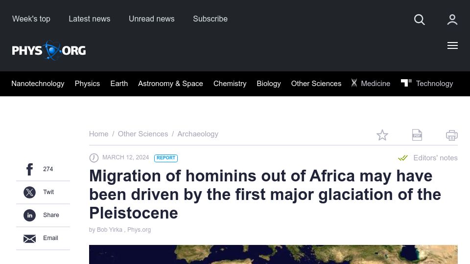 Screenshot of phys.org: Migration out of Africa may have been driven by first glaciation of Pleistocene