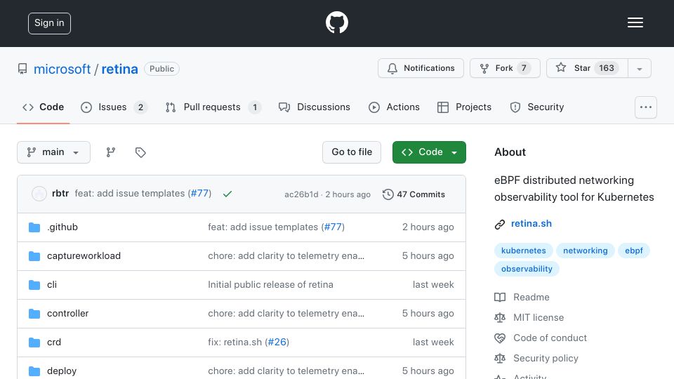 Screenshot of github.com: Retina – eBPF distributed networking observability tool for Kubernetes