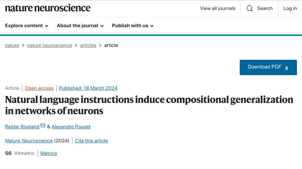 Screenshot of nature.com: Natural language instructions induce generalization in networks of neurons