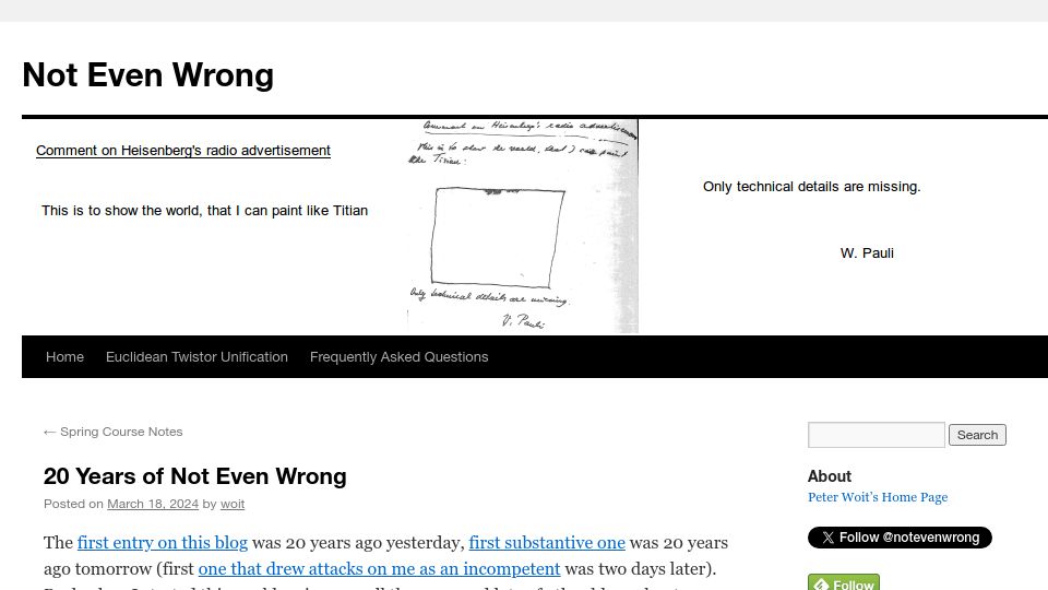Screenshot of math.columbia.edu: 20 Years of "Not Even Wrong"