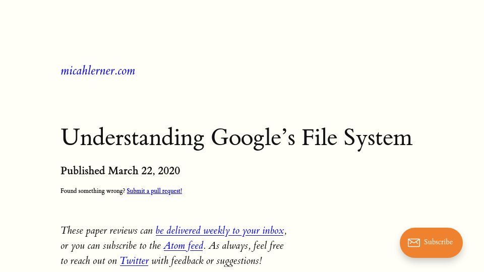 Screenshot of micahlerner.com: Understanding Google's File System (2020)