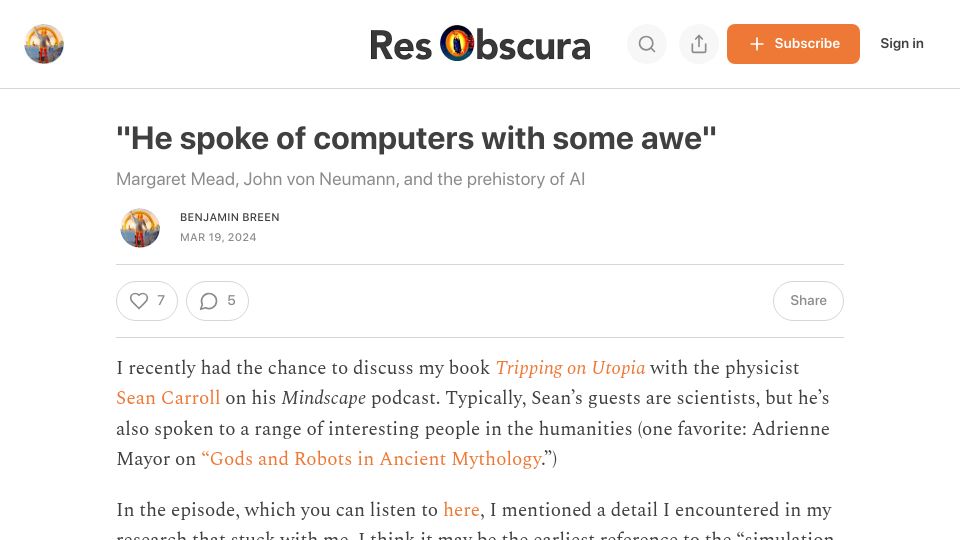 Screenshot of resobscura.substack.com: Margaret Mead, John von Neumann, and the Prehistory of AI