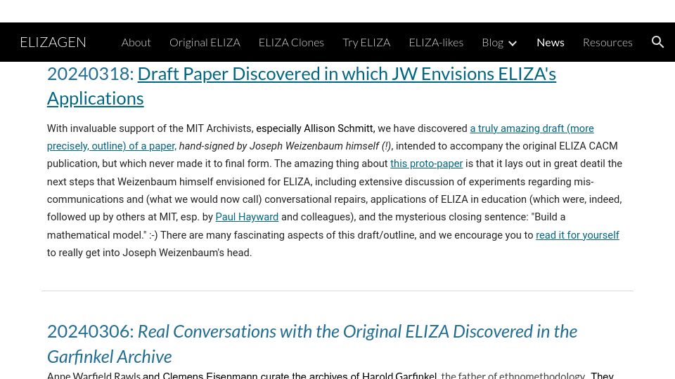 Screenshot of sites.google.com: Draft Paper Discovered in Which Joseph Weizenbaum Envisions ELIZA's Applications