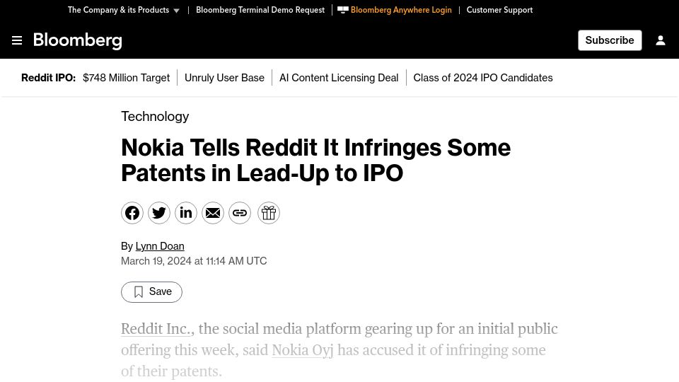 Screenshot of bloomberg.com: Nokia Tells Reddit It Infringes Some Patents in Lead-Up to IPO