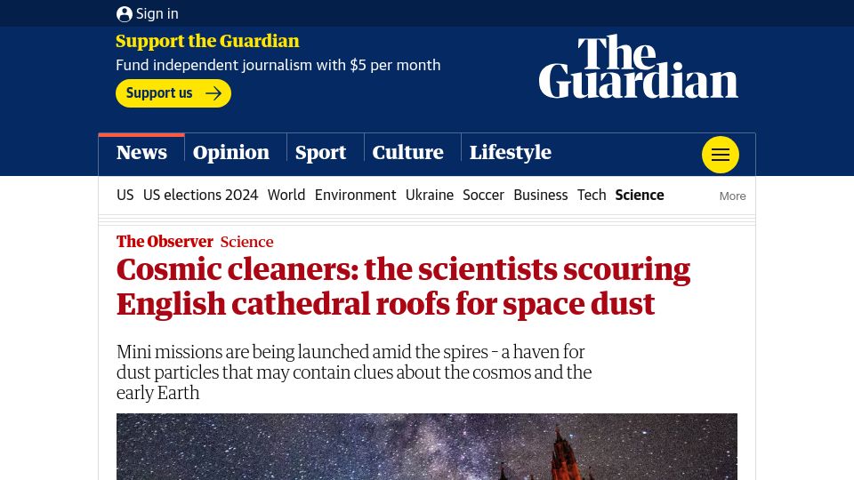 Screenshot of theguardian.com: Cosmic cleaners: the scientists scouring English cathedral roofs for space dust