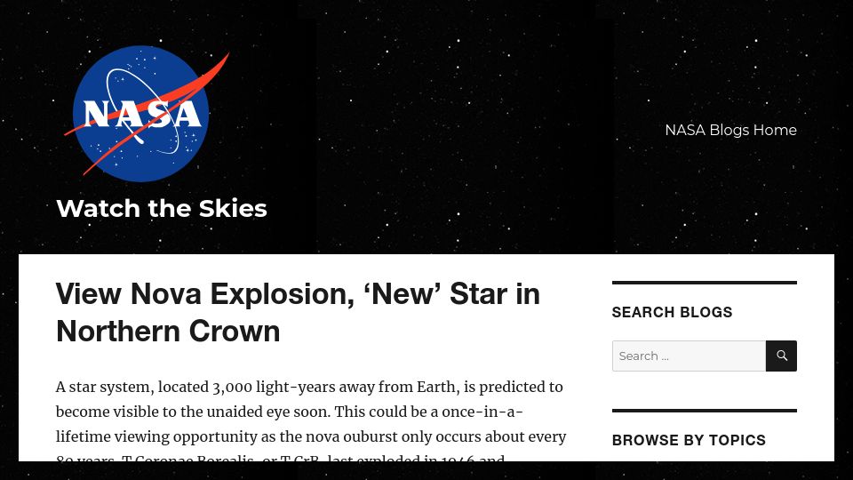 Screenshot of blogs.nasa.gov: A star system 3,000 light-years away is predicted to become visible soon