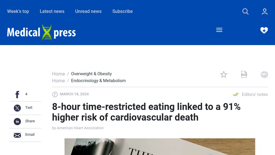 Screenshot of medicalxpress.com: 8hour time-restricted eating linked to a 91% higher risk of cardiovascular death