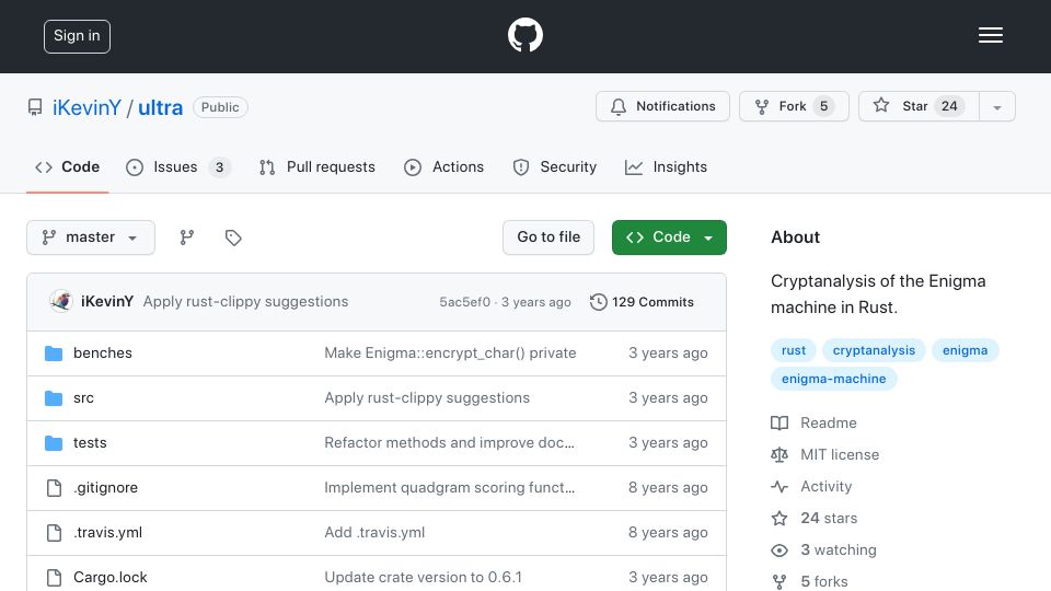 Screenshot of github.com: Engima Breaker in Rust