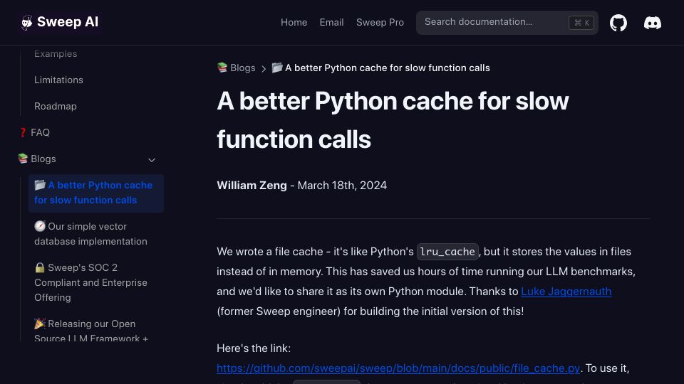 Screenshot of docs.sweep.dev: Show HN: File-based cache for slow Python functions