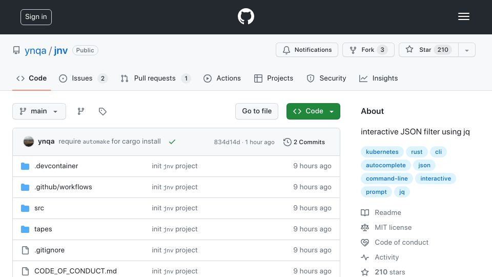 Screenshot of github.com: Show HN: jnv: interactive JSON filter using jq