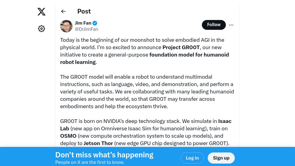 Screenshot of twitter.com: Project GR00T by Nvidia
