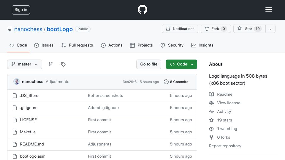 Screenshot of github.com: BootLogo: Logo language in 508 bytes of x86 machine code