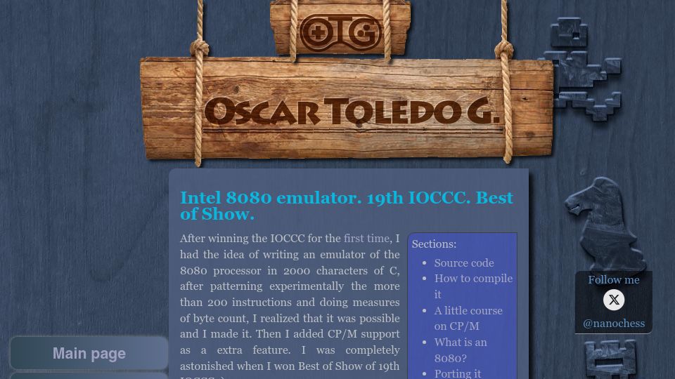 Screenshot of nanochess.org: Intel 8080 emulator. 19th IOCCC. Best of Show
