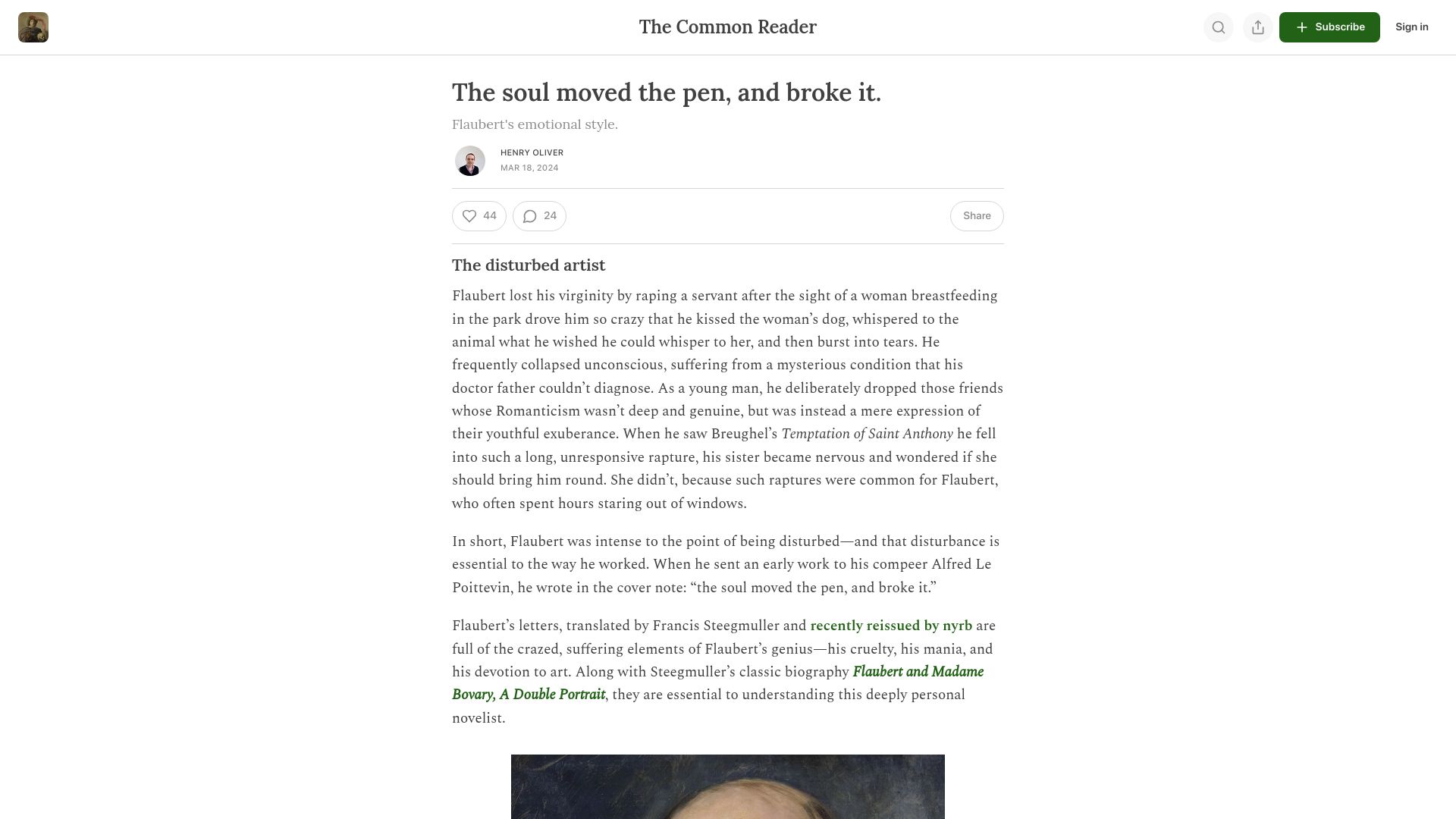Screenshot of commonreader.co.uk: The soul moved the pen, and broke it: Flaubert's emotional style