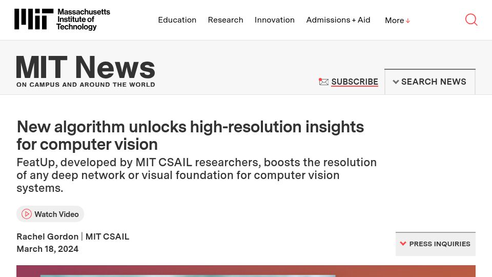 Screenshot of news.mit.edu: New algorithm unlocks high-resolution insights for computer vision
