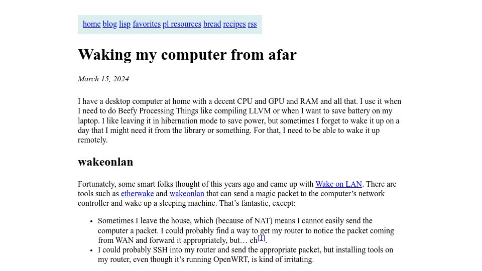 Screenshot of bernsteinbear.com: Waking My Computer from Afar