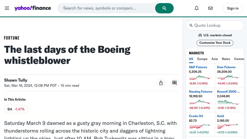 Screenshot of finance.yahoo.com: The last days of the Boeing whistleblower