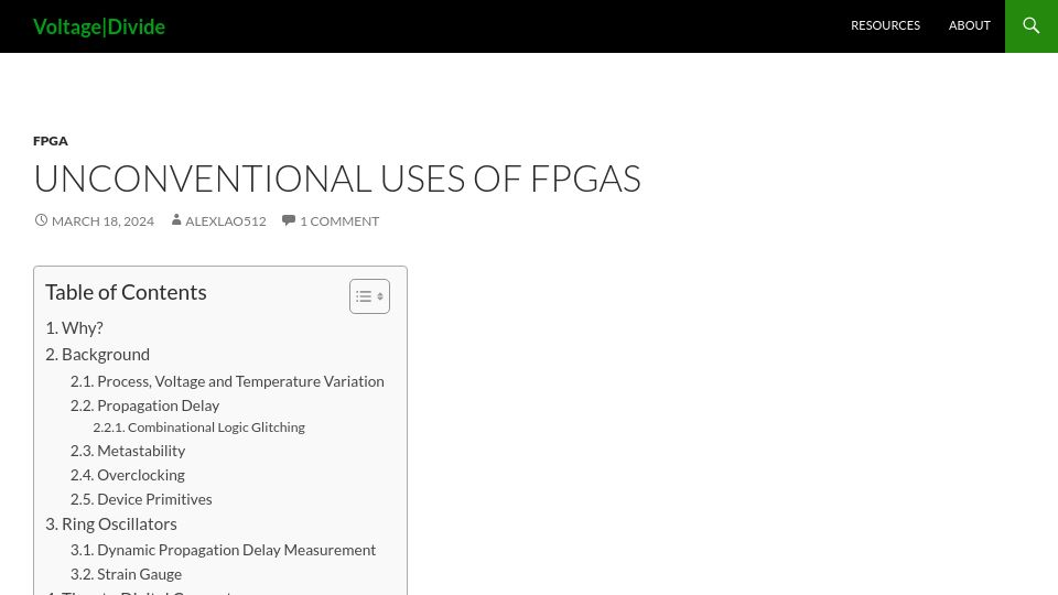Screenshot of voltagedivide.com: Unconventional Uses of FPGAs