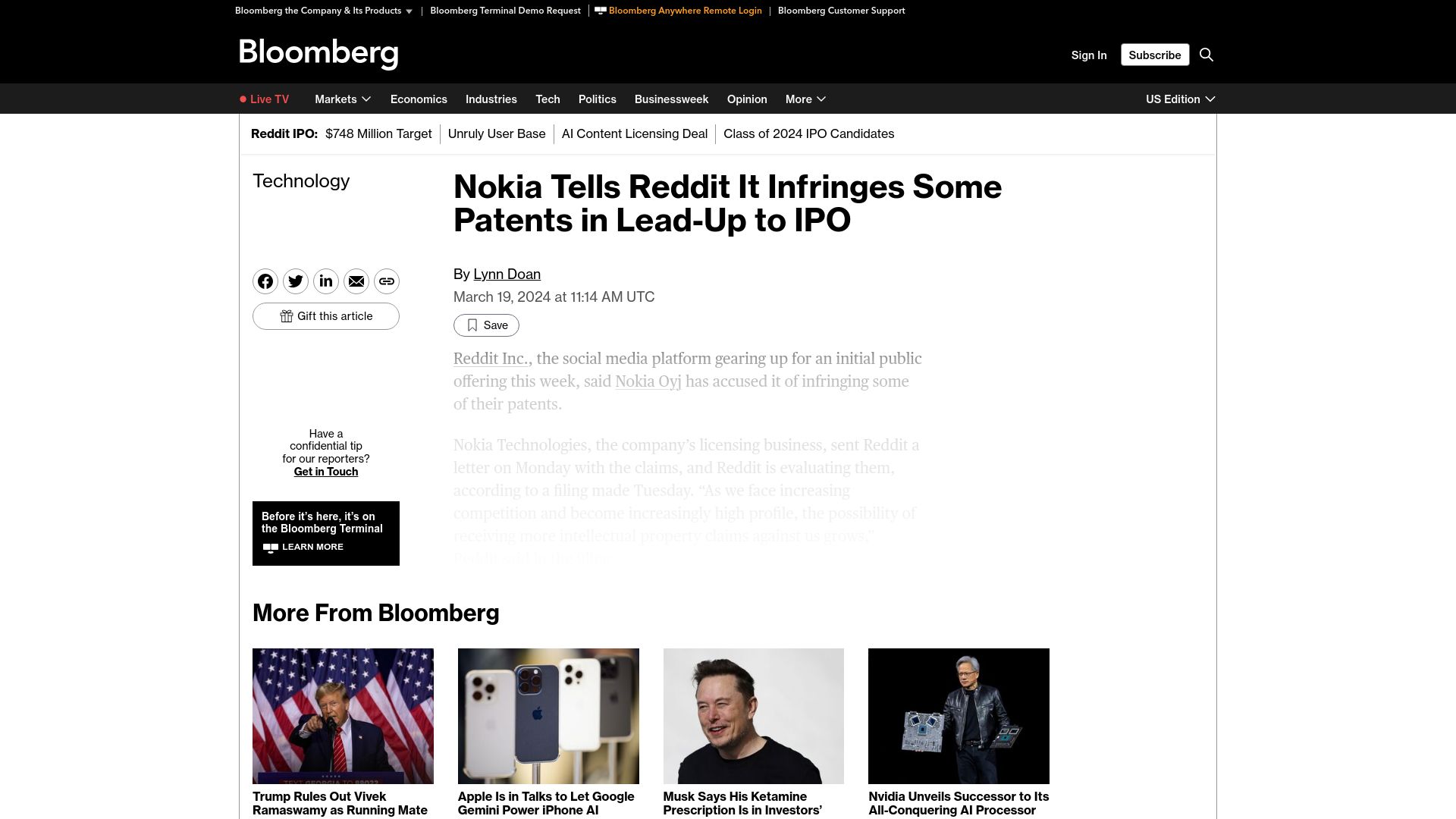 Screenshot of bloomberg.com: Nokia Tells Reddit It Infringes Some Patents in Lead-Up to IPO