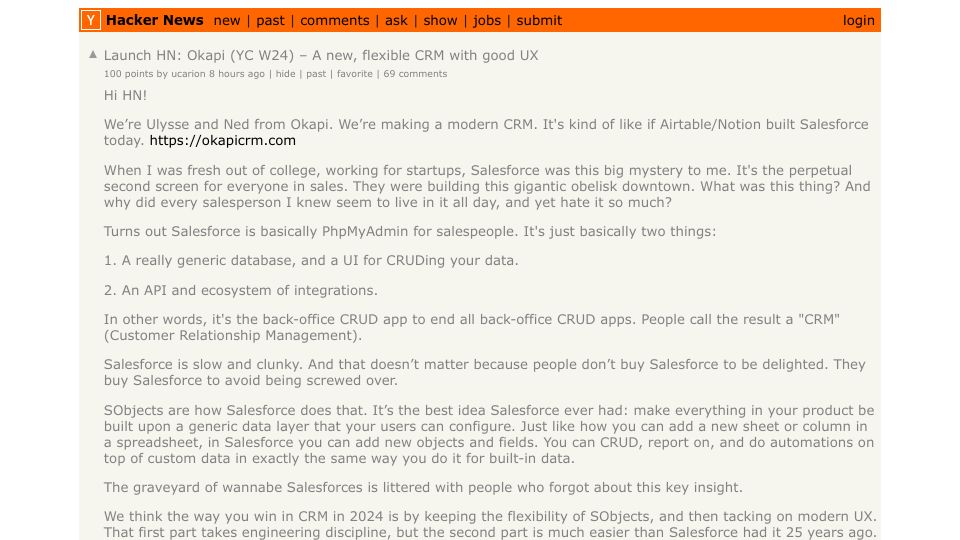 Screenshot of Hacker News post: Launch HN: Okapi (YC W24) – A new, flexible CRM with good UX