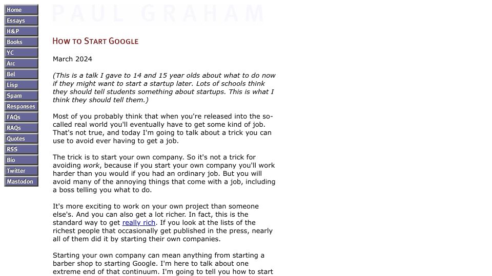 Screenshot of paulgraham.com: How to Start Google