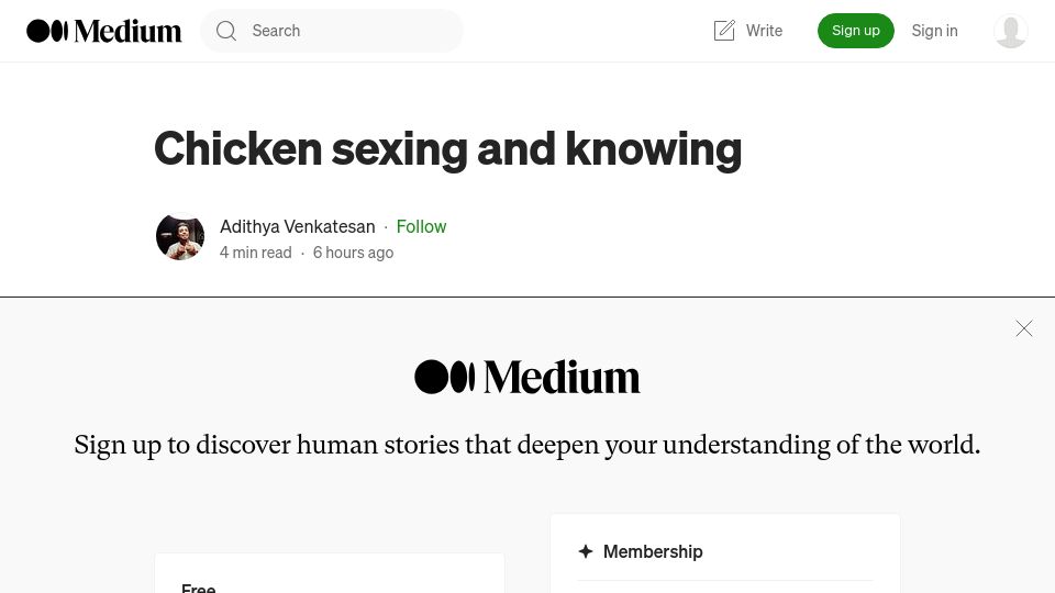 Screenshot of adadithya.medium.com: Chicken Sexing and Knowing