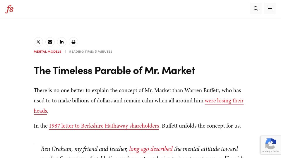 Screenshot of fs.blog: The Timeless Parable of Mr. Market