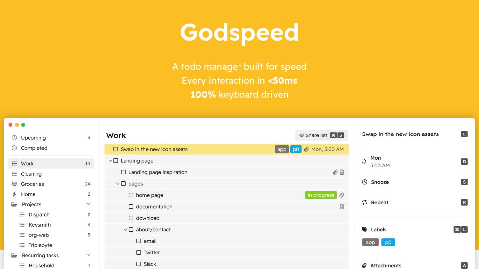 Screenshot of godspeedapp.com: Show HN: Godspeed is a fast, 100% keyboard oriented todo app for Mac