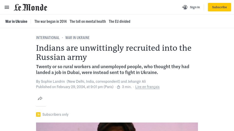 Screenshot of lemonde.fr: Indians are unwittingly recruited into the Russian army