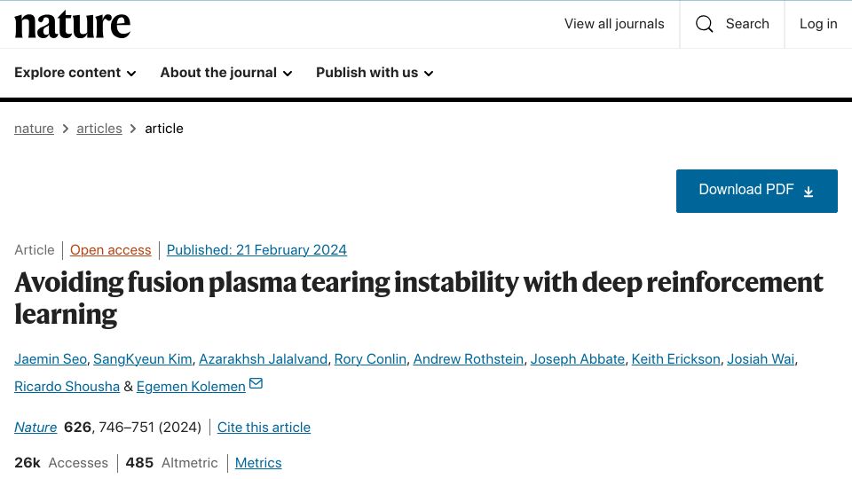 Screenshot of nature.com: Avoiding fusion plasma tearing instability with deep reinforcement learning