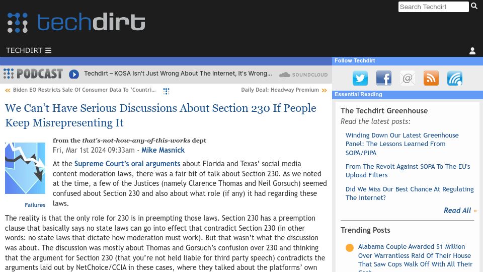 Screenshot of techdirt.com: We Can't Have Serious Discussions About Section 230 If People Misrepresent It