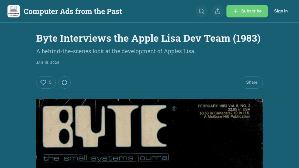 Screenshot of computeradsfromthepast.substack.com: Byte Interviews the Apple Lisa Dev Team (1983)