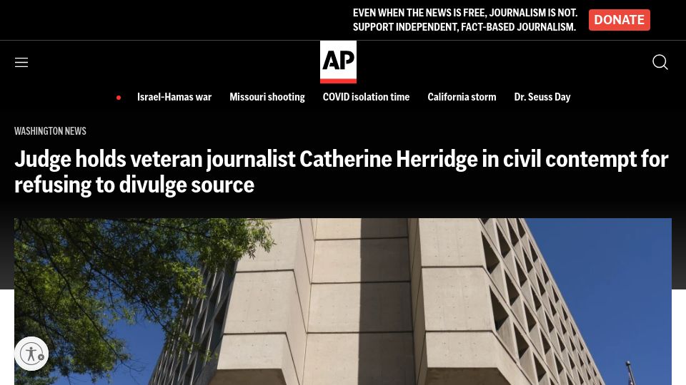 Screenshot of apnews.com: Judge holds journalist in civil contempt for refusing to divulge source