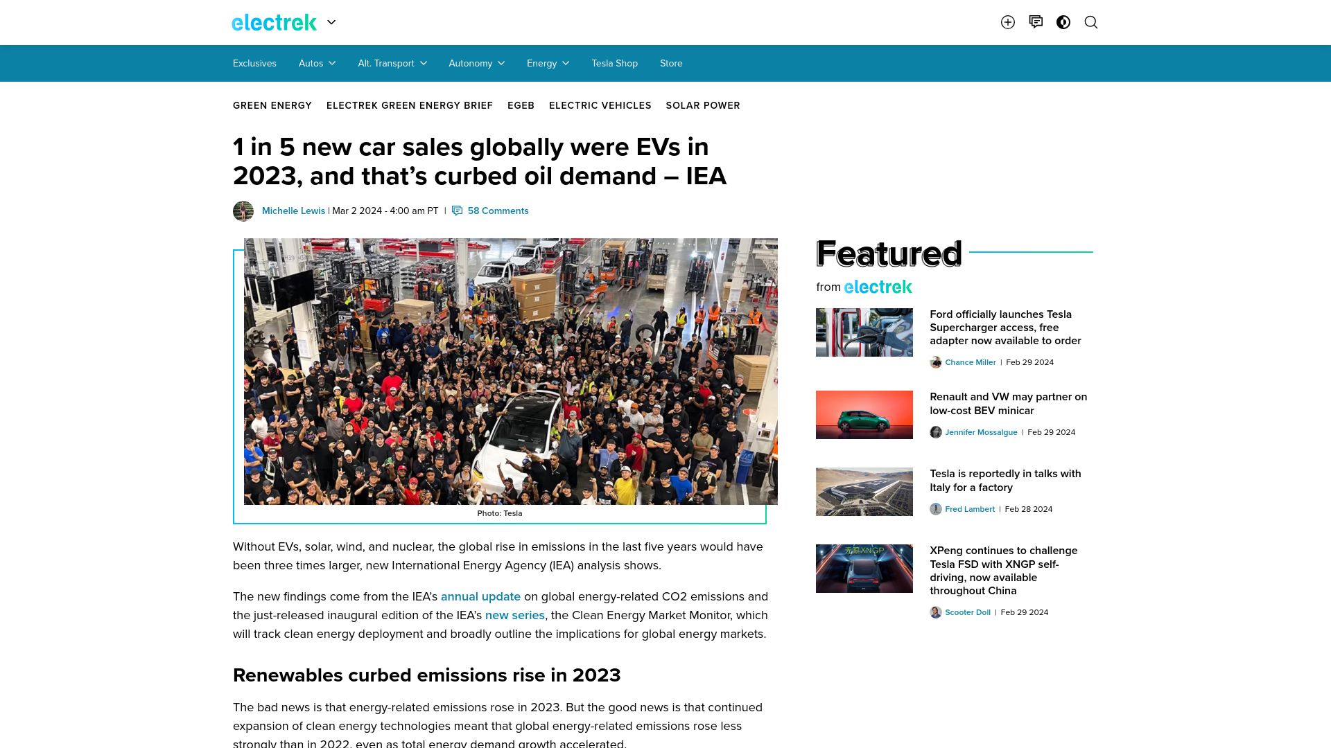Screenshot of electrek.co: IEA: 20% of 2023 new car sales globally were EVs, curbing oil demand