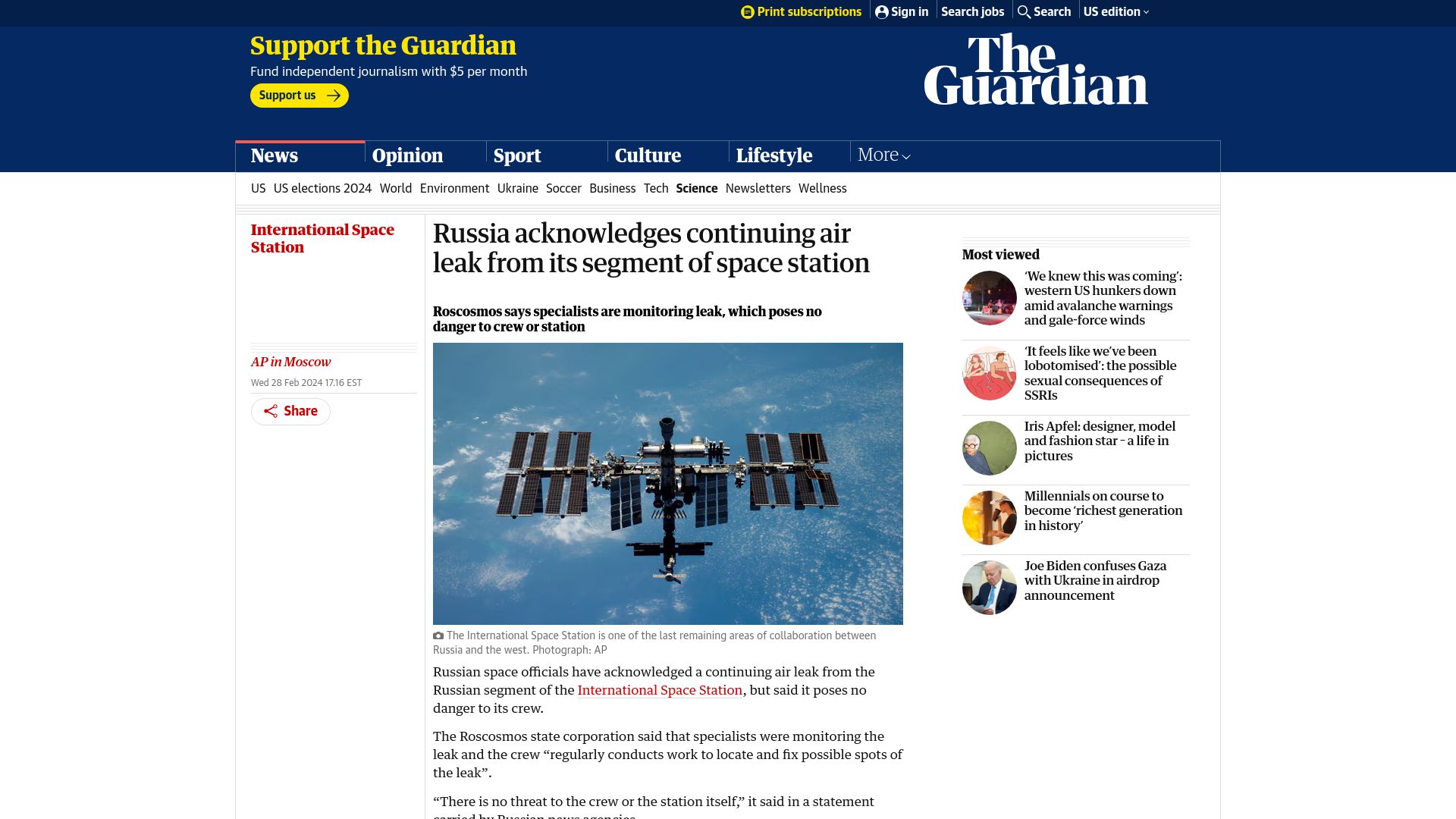 Screenshot of theguardian.com: Russia acknowledges continuing air leak from its segment of space station