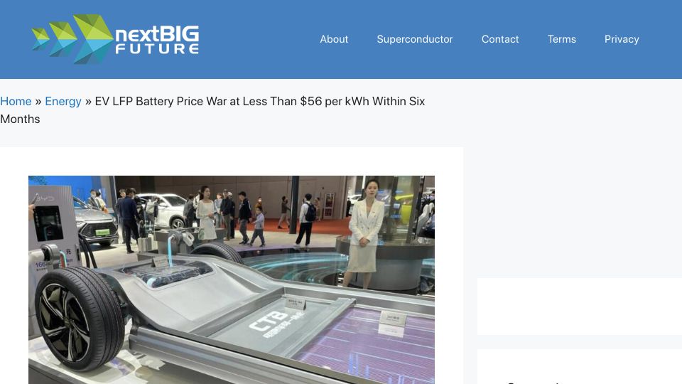 Screenshot of nextbigfuture.com: EV LFP Battery Price War at Less Than $56 per KWh Within Six Months