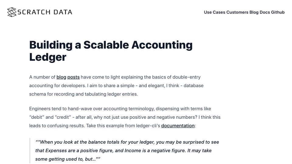 Screenshot of scratchdata.com: Building a Scalable Accounting Ledger