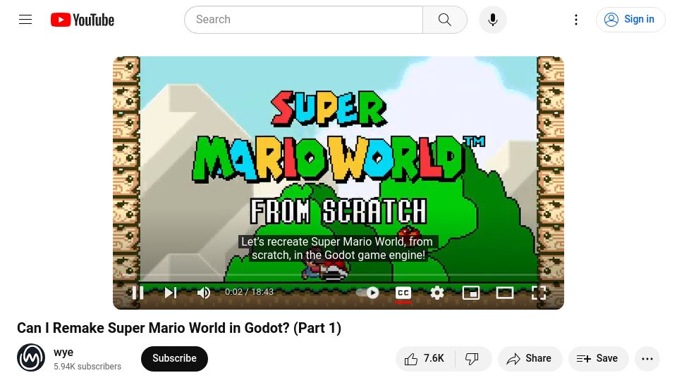 Screenshot of youtube.com: Remaking Super Mario World in Godot