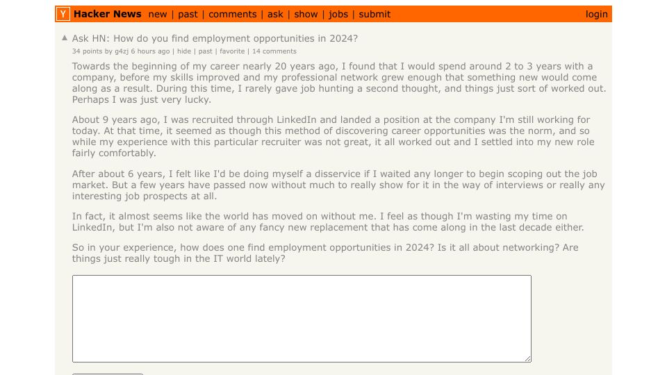 Screenshot of Hacker News post: Ask HN: How do you find employment opportunities in 2024?