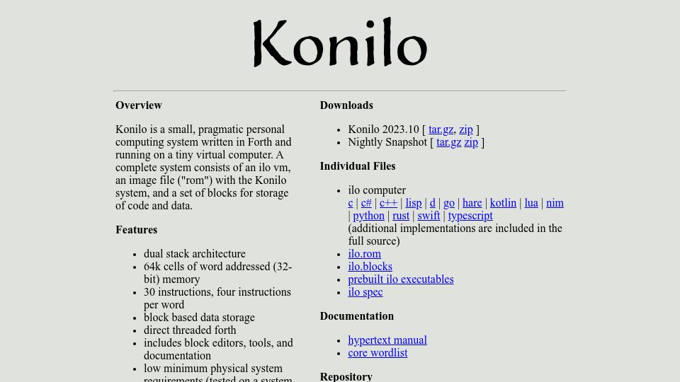 Screenshot of konilo.org: Konilo: A personal computing system in Forth