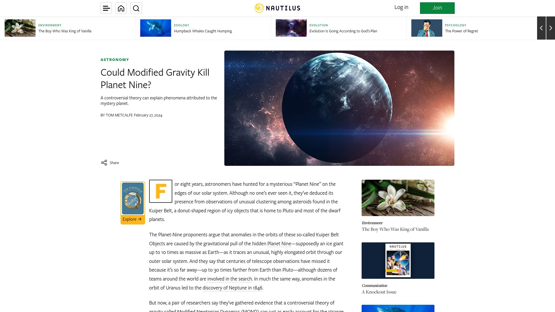 Screenshot of nautil.us: Could Modified Gravity Kill Planet Nine?
