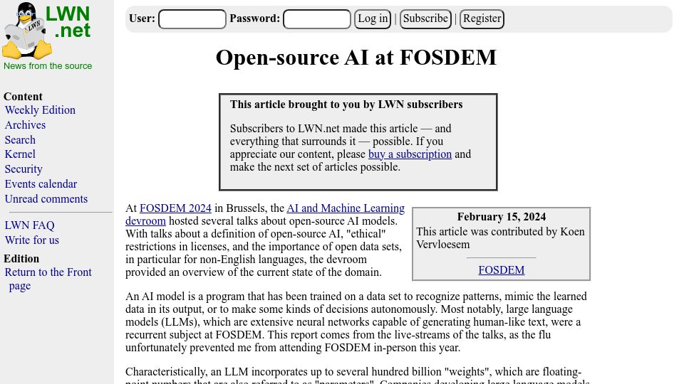 Screenshot of lwn.net: Open-Source AI at FOSDEM