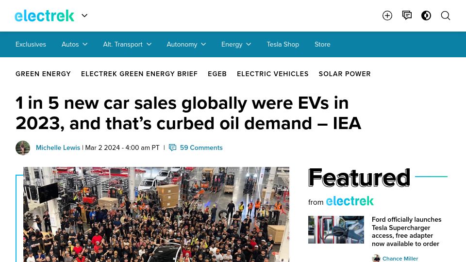 Screenshot of electrek.co: IEA: 20% of 2023 new car sales globally were EVs, curbing oil demand