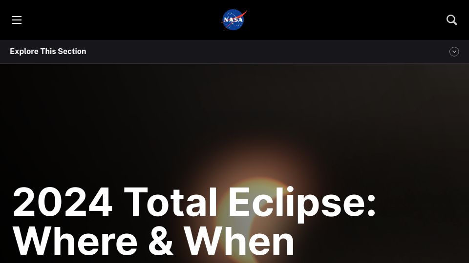Screenshot of science.nasa.gov: NASA: Total Eclipse 2024 – Where and When