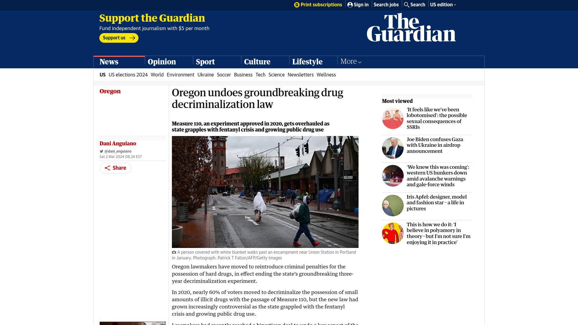 Screenshot of theguardian.com: Oregon undoes groundbreaking drug decriminalization law