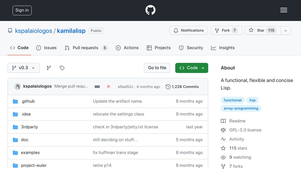 Screenshot of github.com: KamilaLisp – A functional, flexible and concise Lisp