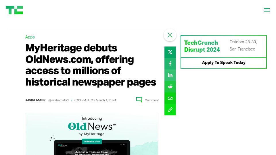 Screenshot of techcrunch.com: MyHeritage debuts OldNews.com, offering access to myriad historical newspapers