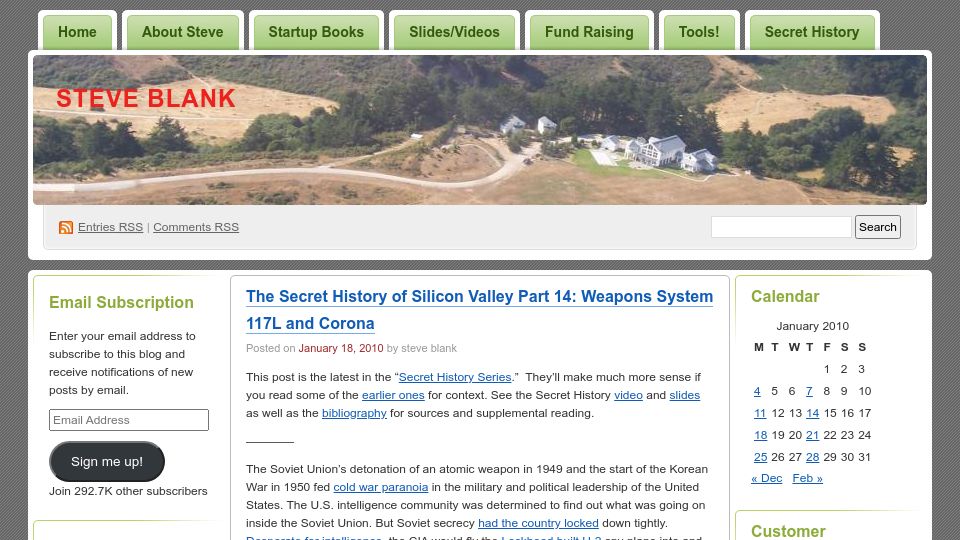 Screenshot of steveblank.com: Silicon Valley weapons system117l and corona (2010)