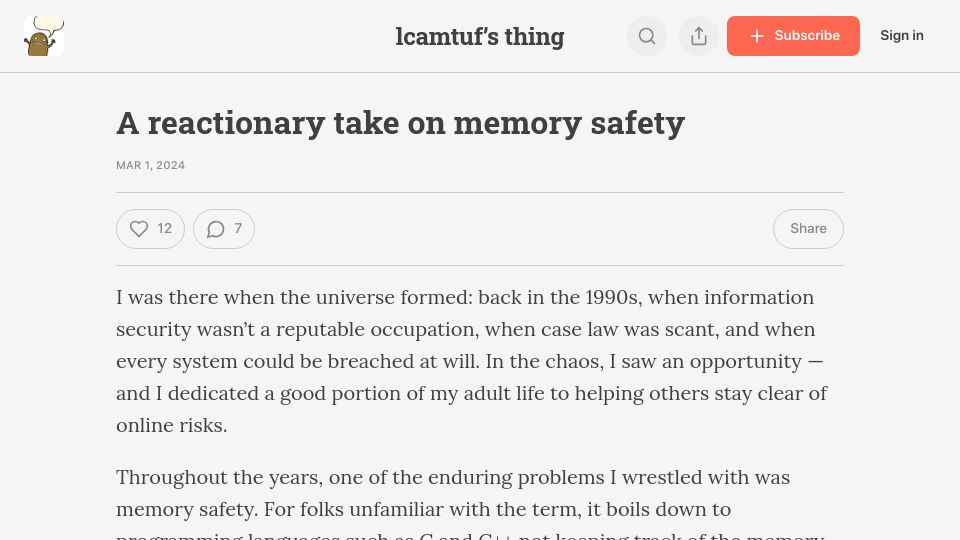 Screenshot of lcamtuf.substack.com: A reactionary take on memory safety