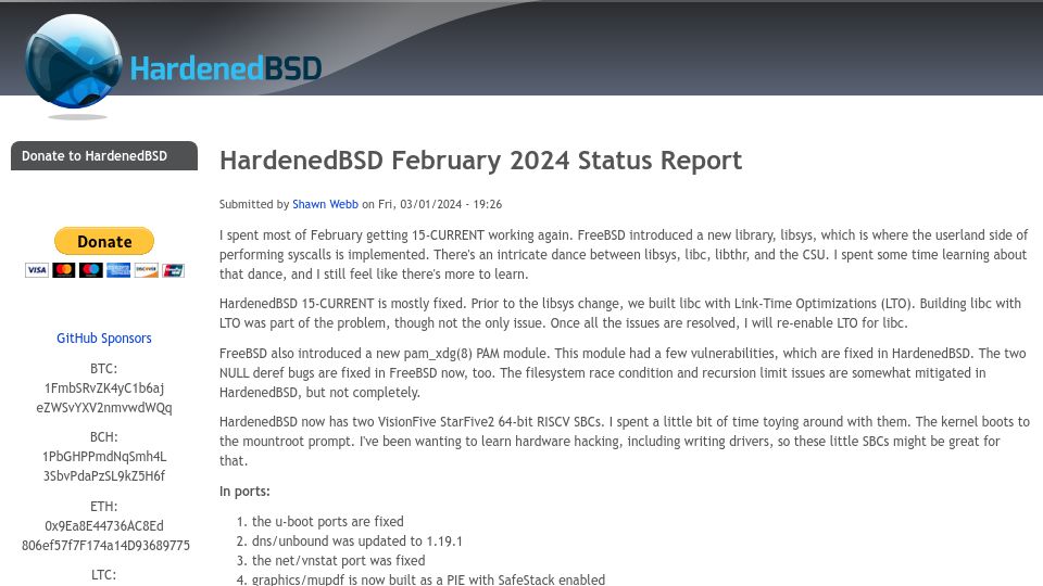 Screenshot of hardenedbsd.org: HardenedBSD February 2024 status report